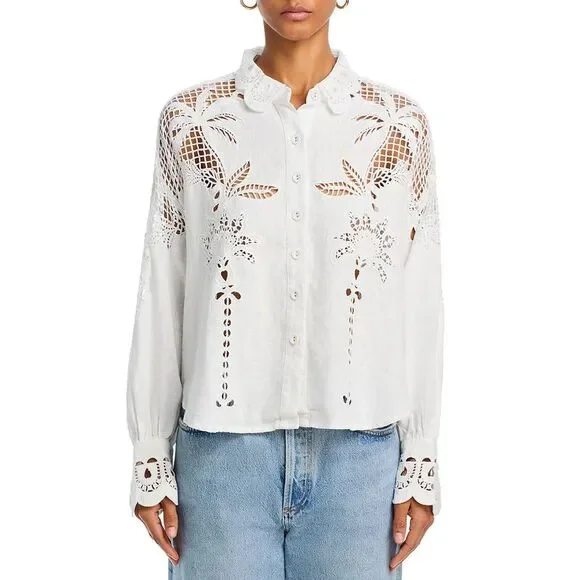 Farm Rio Womens Palms Richelieu Long Sleeve Shirt Small Off White - NWT $248 - Picture 6 of 7